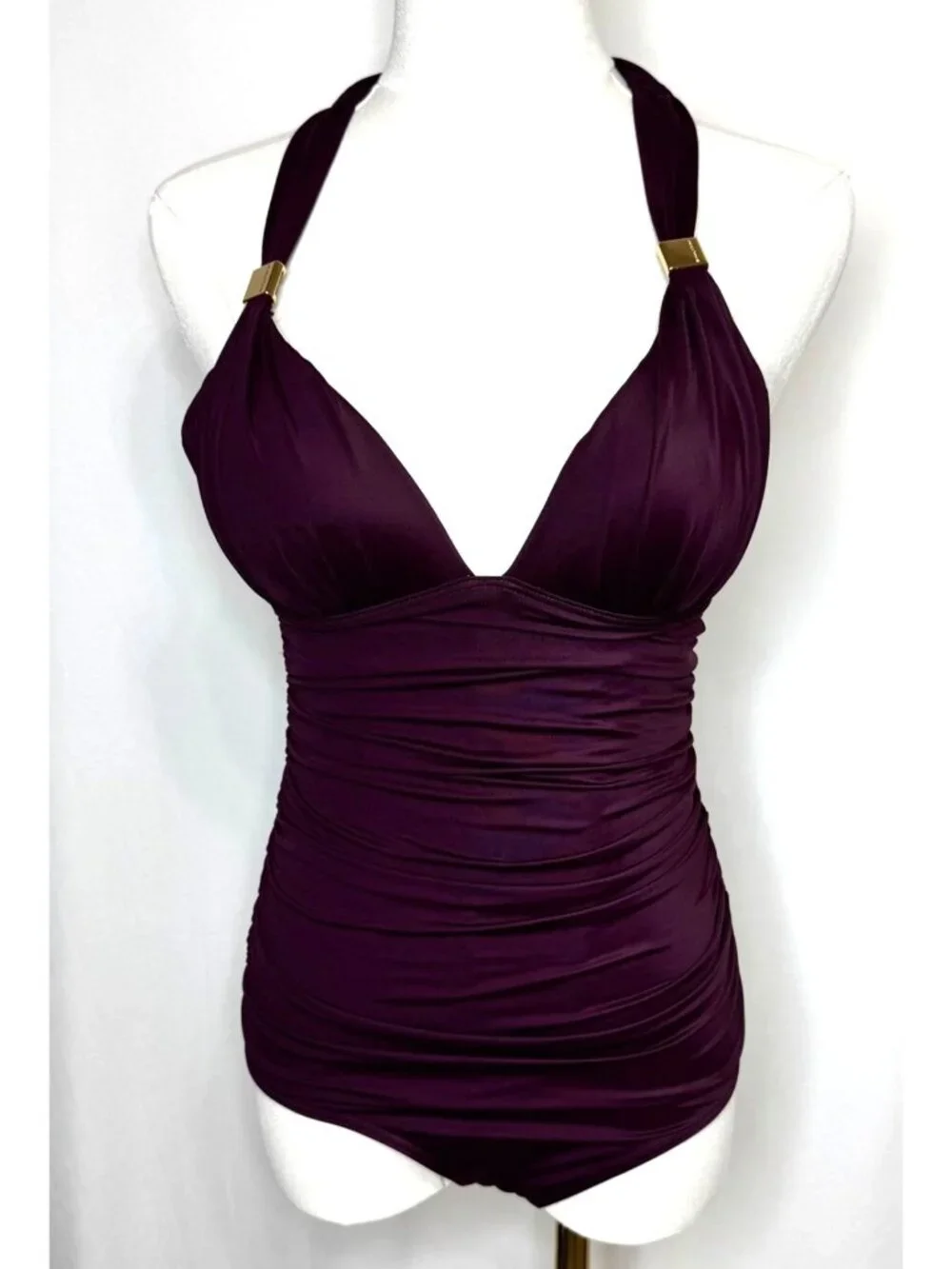 Victorias Secret Swimsuit  Size S Small Ruched Plum One Piece Halter Gold Detail